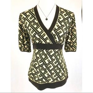 ATL Loft Size S Cream Green Yellow Geometric Print Puff Sleeve V Neck Blouse